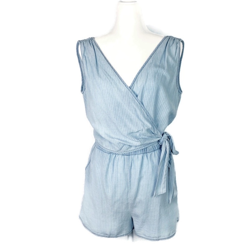 Chambray romper with white pinstripes